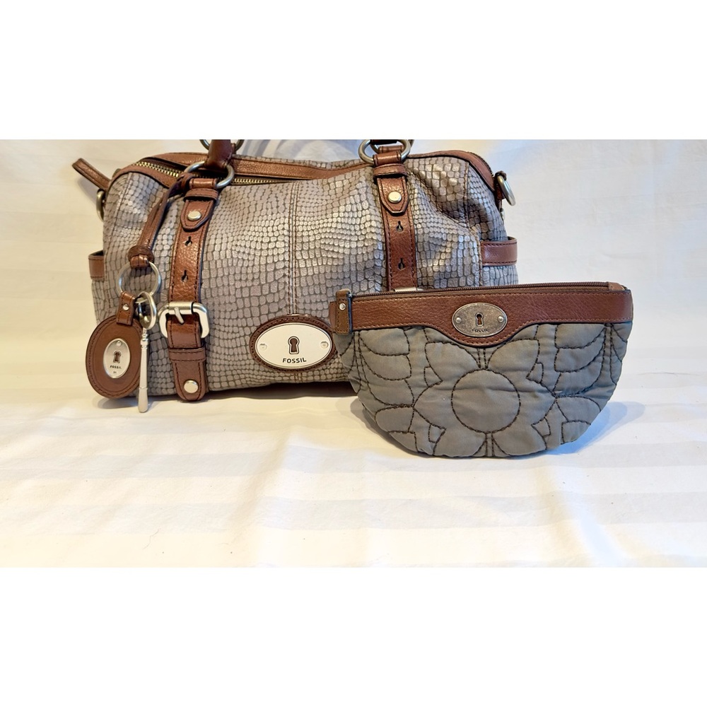 Fossil Maddox Gray Leather Satchel Bag Purse